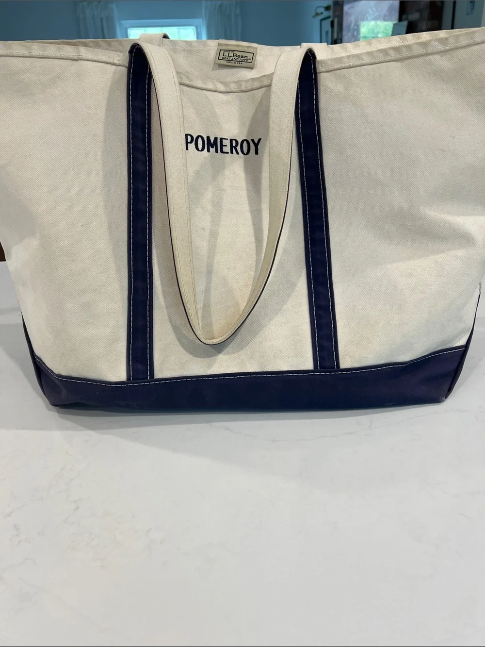 L.L. Bean Cream XL Canvas Tote with Navy Trim - Personalized POMEROY